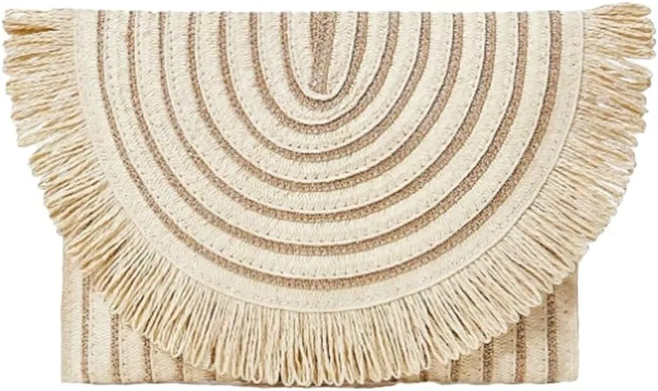 Womens Straw Clutch Handbags 2025 Fashion Fringe Envelope Bag Chain Woven Shoulder Crossbody Bag for Summer Vacation
