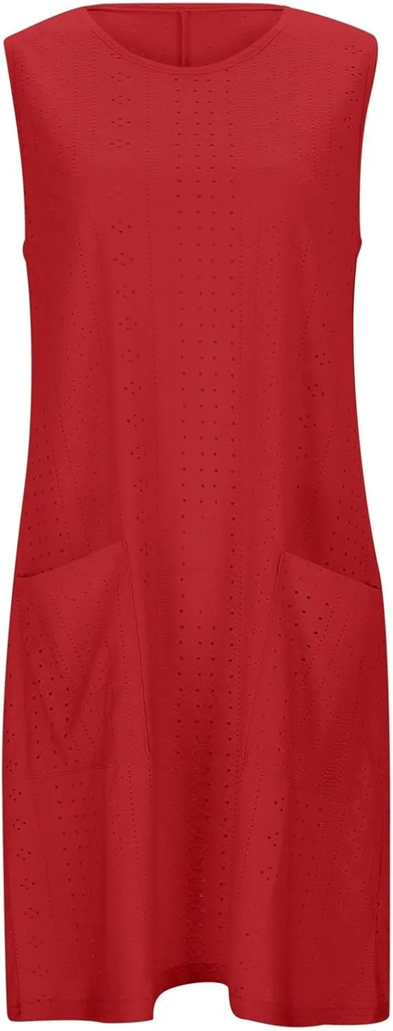 Womens Summer Beach Dresses 2025 Casual Sleeveless Vacation Sundresses Crew Neck Loose Mini Dress with Pockets