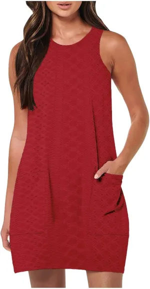 Womens Summer Beach Dresses 2025 Casual Sleeveless Vacation Sundresses Crew Neck Loose Mini Dress with Pockets