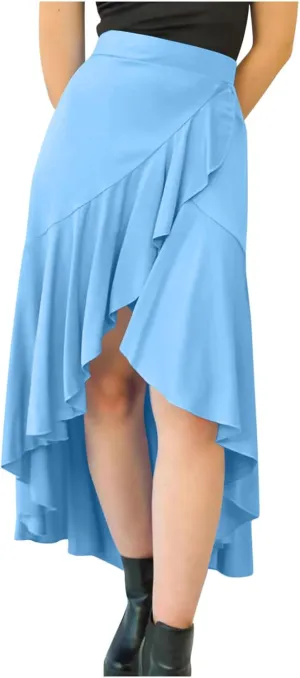 Women's Summer Beach Midi Skirt Asymmetrical Ruffle Hem Trendy Clothes Elastic High Waisted Flowy A-Line Swing Skirts
