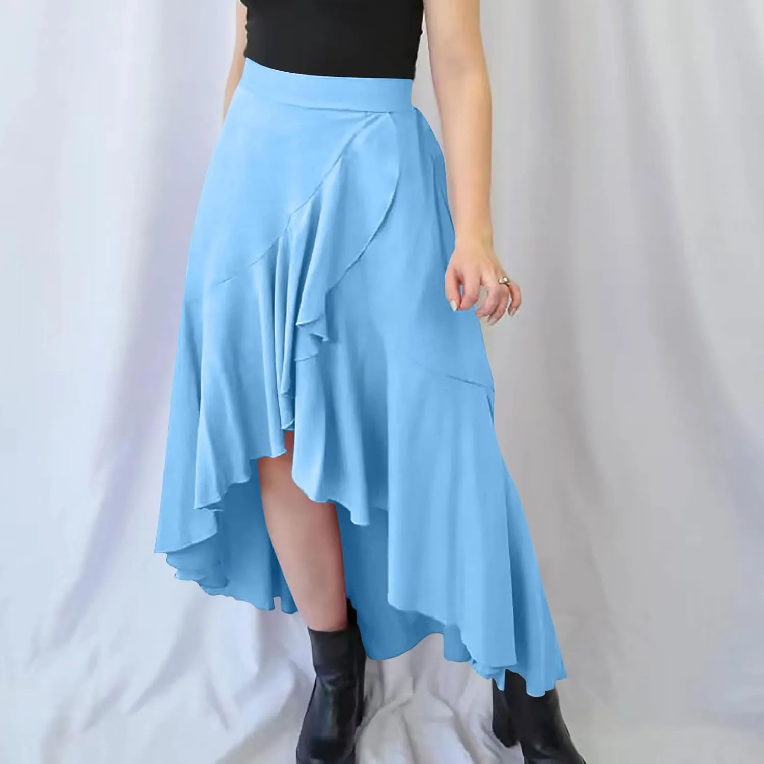 Women's Summer Beach Midi Skirt Asymmetrical Ruffle Hem Trendy Clothes Elastic High Waisted Flowy A-Line Swing Skirts