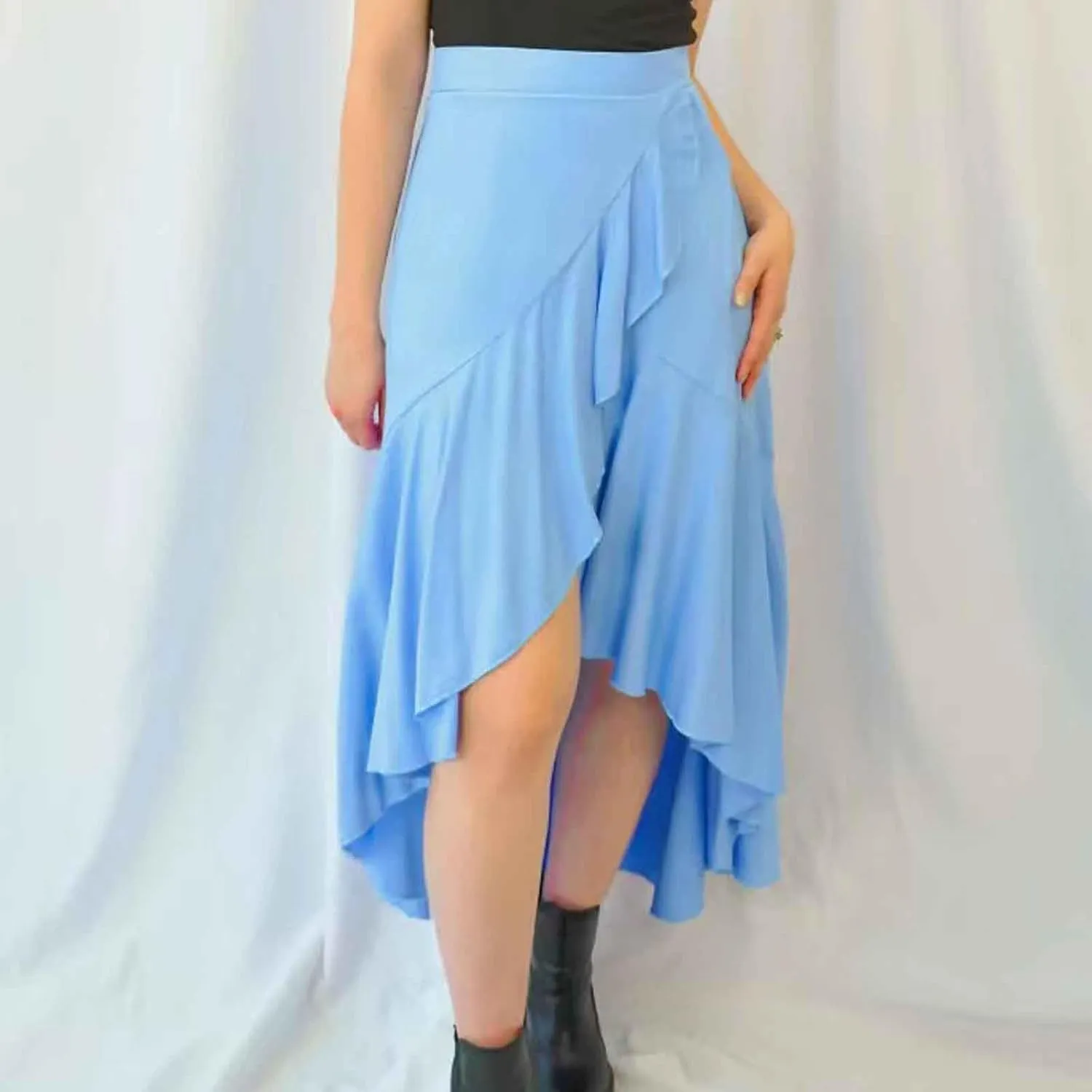 Women's Summer Beach Midi Skirt Asymmetrical Ruffle Hem Trendy Clothes Elastic High Waisted Flowy A-Line Swing Skirts