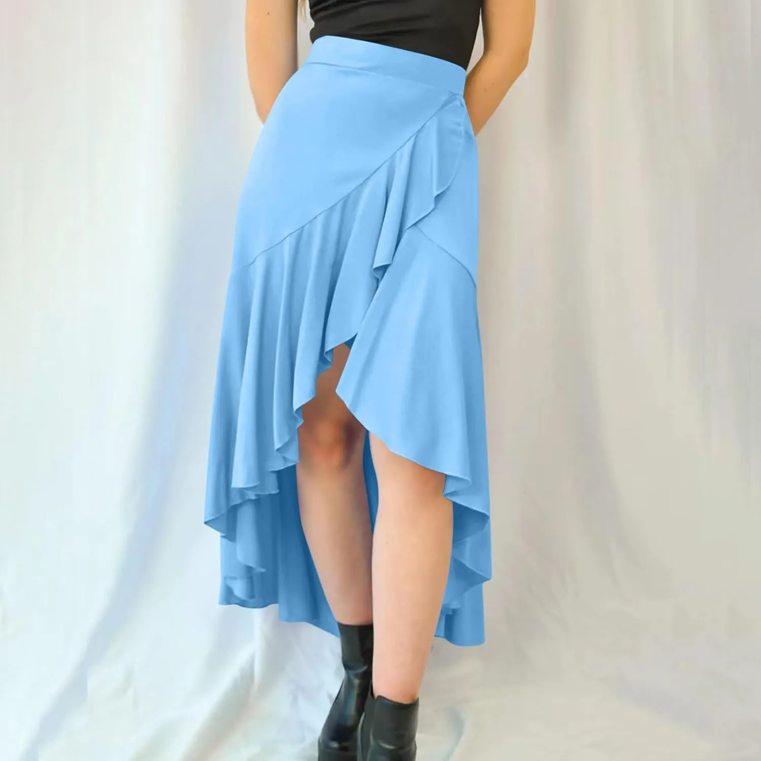 Women's Summer Beach Midi Skirt Asymmetrical Ruffle Hem Trendy Clothes Elastic High Waisted Flowy A-Line Swing Skirts