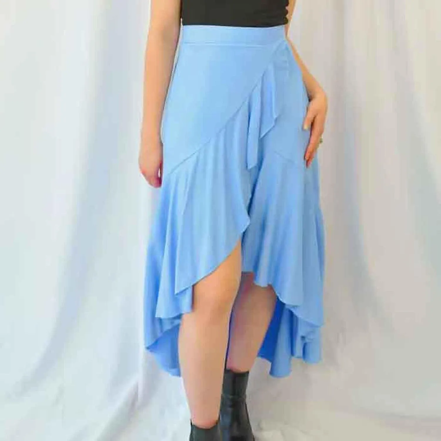 Women's Summer Beach Midi Skirt Asymmetrical Ruffle Hem Trendy Clothes Elastic High Waisted Flowy A-Line Swing Skirts