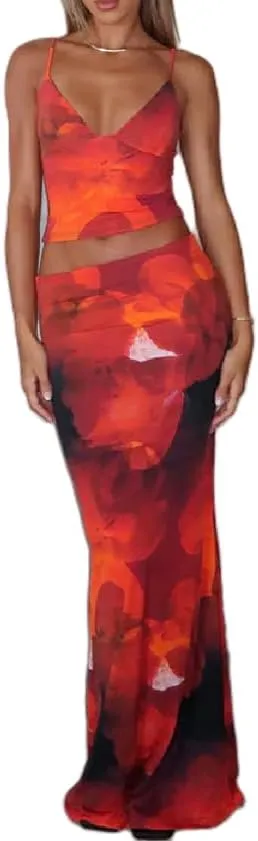 Womens Summer Tie Dye Print 2 Piece Skirts Set Halter Neck Vest Top with Long Skirt 2Pcs Skirt Set Clubwear Skirt Set
